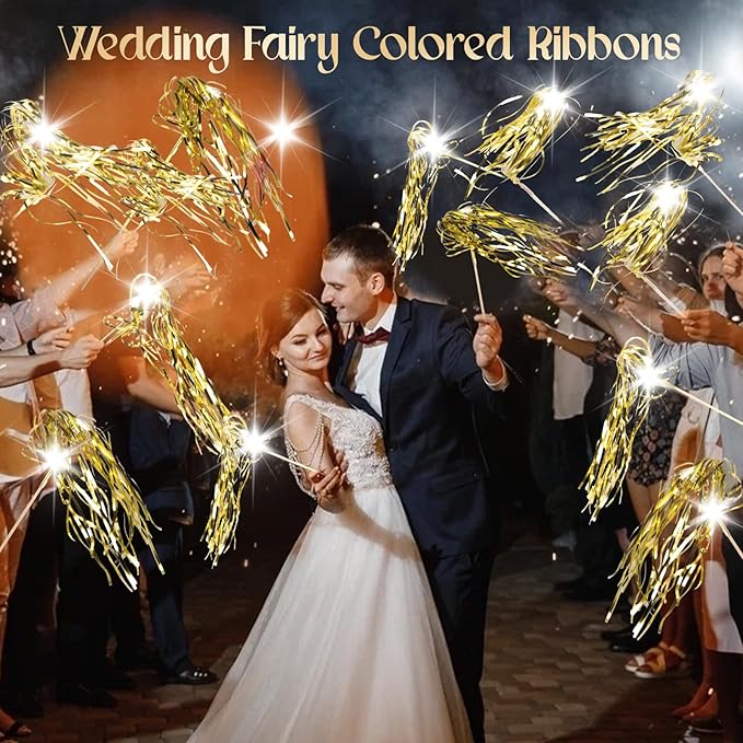 100 pcs Wedding Wands Light up with LED Tinsel Wedding Streamers for Wedding Send off and Greeting Ideal Props for Weddings, Birthday Parties, Christmas Cheerleading Games (Gold)