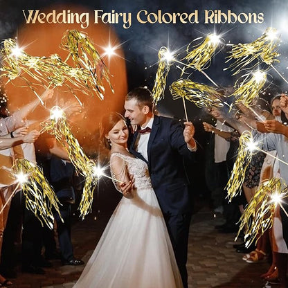 100 pcs Wedding Wands Light up with LED Tinsel Wedding Streamers for Wedding Send off and Greeting Ideal Props for Weddings, Birthday Parties, Christmas Cheerleading Games (Gold)