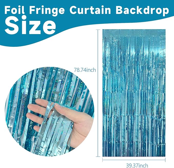 2 Pack Blue Streamers Party Decorations Tinsel Foil Fringe Curtains Photo Booth Celebration Birthday Decorations Ocean Party Decorations