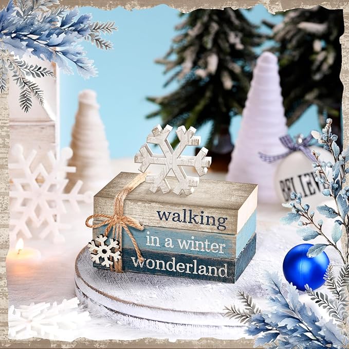 4 Pcs Christmas Table Decorations Winter Snowflake Tiered Tray Decorations Decorative Mini Wooden Books Signs Block Centerpiece for Shelf Office Tabletop Bookshelf Housewarming Gifts