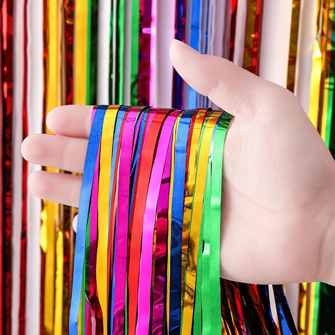 4 Pack 3.3x8.2 Feet Rainbow Foil Fringe Backdrop Curtains, Tinsel Streamers Birthday Party Decorations, Fringe Backdrop for Graduation, Baby Shower, Gender Reveal, Disco Party