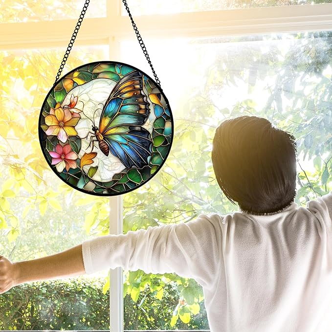 Stained Glass Window Hanging, Butterfly Flower Sun Catchers Diamond Glass Panel Hangings Insect Suncatcher Decor for Birthday for Women, Men, Wife, Aunt, and Mom 11.8x11.8 in