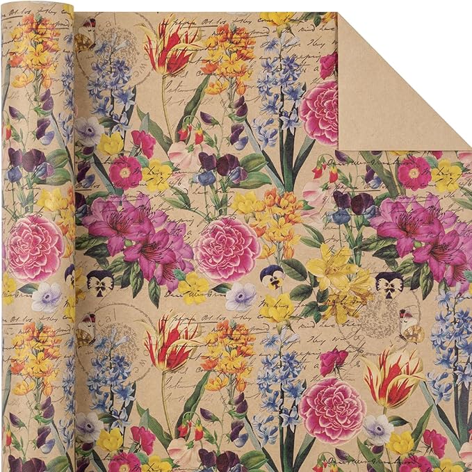 WRAPAHOLIC Kraft Floral Wrapping Paper Roll - Mini Roll - 17 Inch x 33 Feet - All Occasion Vintage Flower for Wedding Bridal Shower Birthday