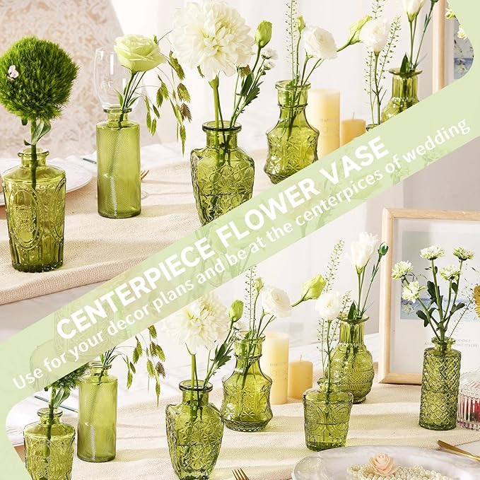 Mini Bud Vases As Wedding Centerpieces for Tables,Clear Bud Vases for Flowers,Small Flower Vases Suitable for Birthday Party,Anniversary,Wedding Reception,Baby Shower (Green, 12PCS)