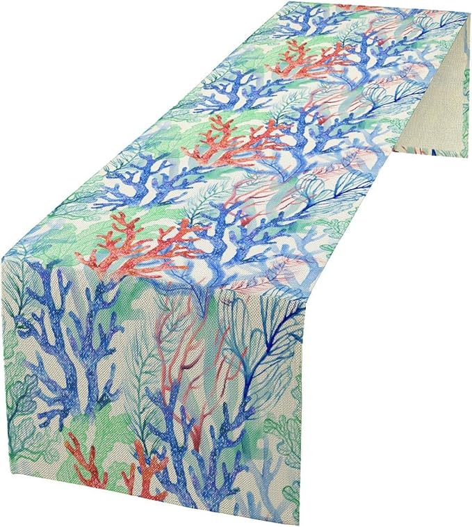 Summer Shell Starfish Table Runner, Seasonal Spring Summer Tropical Ocean Beach Indoor Party Kitchen Outdoor Table Decor 13x120 Inch