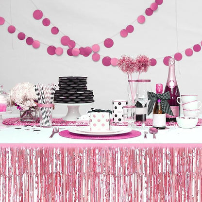 3 Pack 29x108 Inch Pink Foil Fringe Table Skirts Metallic Banner for Tinsel Streamer Garland Backdrop for Parade Floats Wedding Thanksgiving Birthday Christmas Halloween Party Decoration