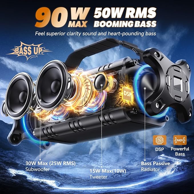 W-KING Bluetooth Speaker, 90W Max Portable Outdoor Speaker Loud, IPX6 Waterproof/50W Deep Bass Subwoofer/40H/EQ/Dual Pairing/TF/AUX, Large Boombox Speakers Bluetooth Wireless for Party/Beach/Jobside