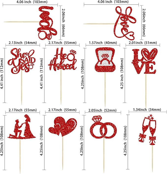 Ephlyn 30Pcs He Asked She Said Yes Cupcake Toppers Glitter Engagement Cupcake Toppers Diamond Ring Heart Love I Do Cupcake Picks for Engagement Wedding Party Cake Decorations Red