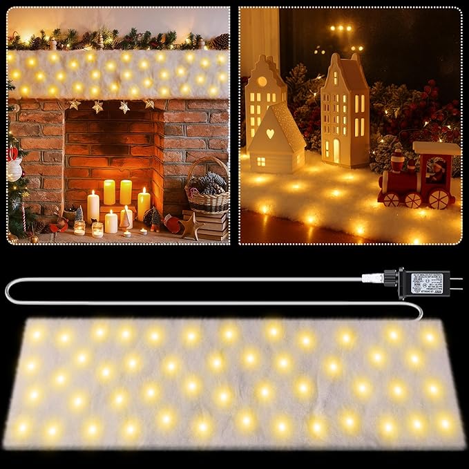 VIHOSE Christmas Snow Blanket with LED Lights String Pre Lit Artificial Fake Snow Blanket Roll Lighted Table Runner for Christmas Tree Village Display Winter Holiday Decor(Warm Light,59'' X 16'')