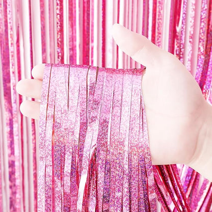 2 Pack 3.3x8.2 Feet Laser Pink Foil Fringe Backdrop Curtains, Tinsel Streamers Birthday Party Decorations, Fringe Backdrop for Graduation, Baby Shower, Gender Reveal, Disco Party