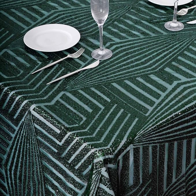 Efavormart 90"X132" Hunter Emerald Green Sparkly Sequin Geometric Tulle Rectangular Tablecloth