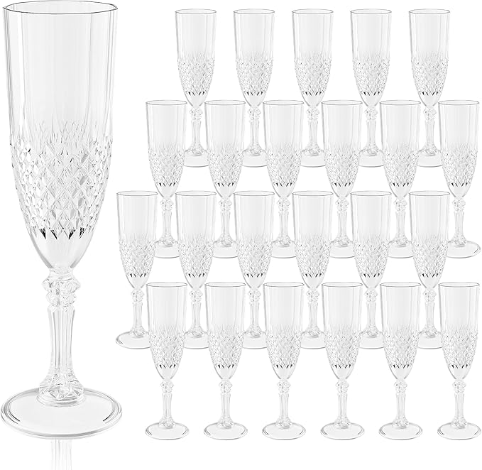 Plastic Champagne Flutes, 24PCS White Transparent Wine Glasses Goblets Shatterproof Reusable Flute for Weddings, Bachelor Parties, Toasting, and Events(24,Transparent)