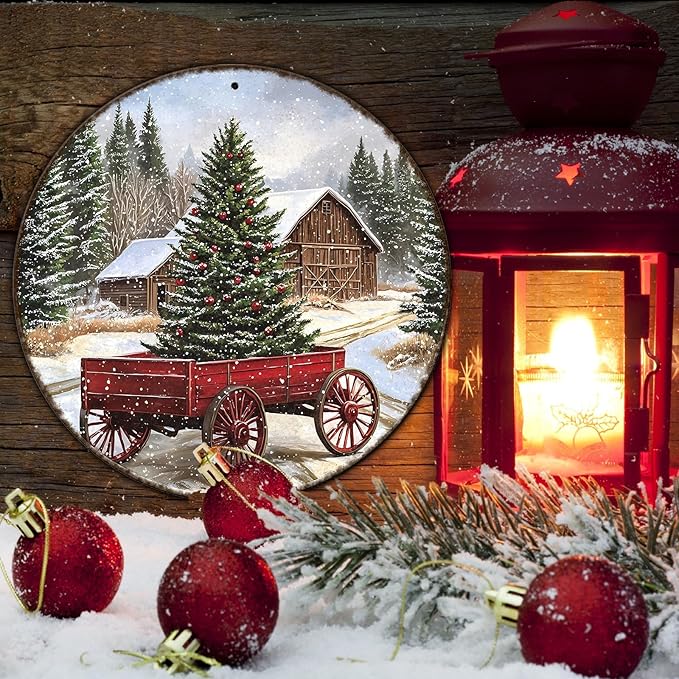 Round Barn Christmas Trees Metal Tin Sign Christmas Vintage Tin Sign Poster For Kitchen Cafe Bar Farmhouse Home Wall Decor Art Winter Decoration 12 * 12 in