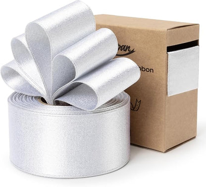 White Satin Wired Ribbon 1-1/2 Inch Double-Faced Glitter Sliver Ribbons for Wreath, Christmas Tree Decoration, Gift Wrapping, Home Decor 10 Yards