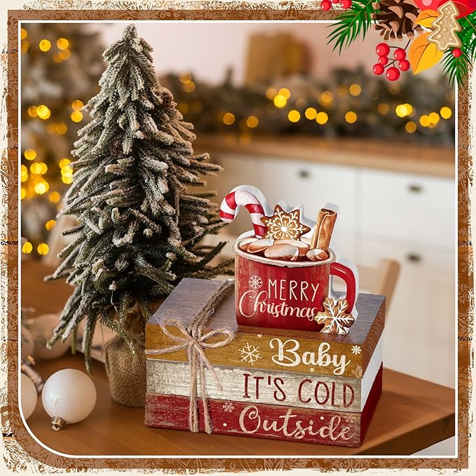 4 Pcs Christmas Table Decor Wooden Hot Cocoa Decoration Christmas Centerpiece Winter Tiered Tray Decor Decorative Red Hot Cocoa Block Signs Gift Farmhouse Xmas Decoration for Home Kitchen