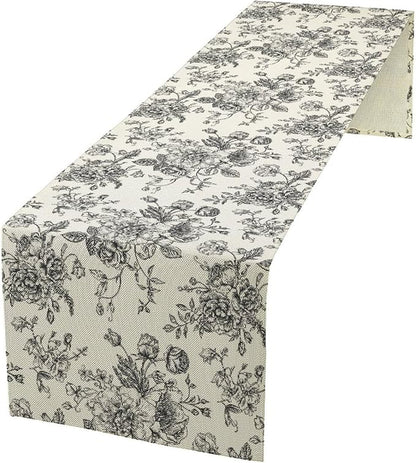 Vintage Flower Table Runner, Black White Wildfloral Floral Sketch Print Kitchen Dinning Table Runner for Indoor Outdoor Home Wedding Party Holiday, 13x120 Inch