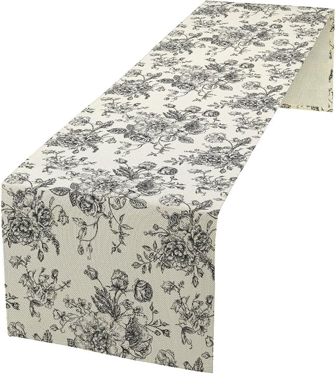 Vintage Flower Table Runner, Black White Wildfloral Floral Sketch Print Kitchen Dinning Table Runner for Indoor Outdoor Home Wedding Party Holiday, 13x70 Inch