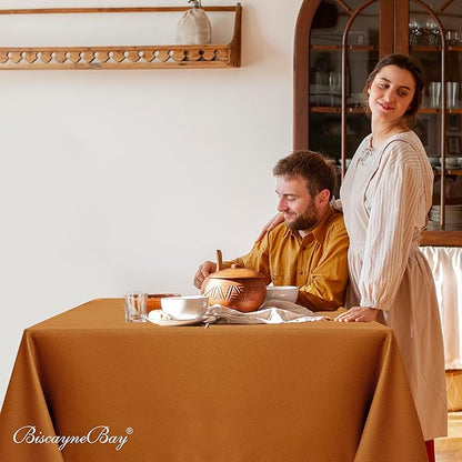 Biscaynebay Fall Tablecloth Textured Fabric Square Tablecloths 90x90 Inch, Bronze Thanksgiving Autumn Harvest Water Resistant Fabric Tablecloths for Kitchen, Dining, Wedding, Parties Machine Washable