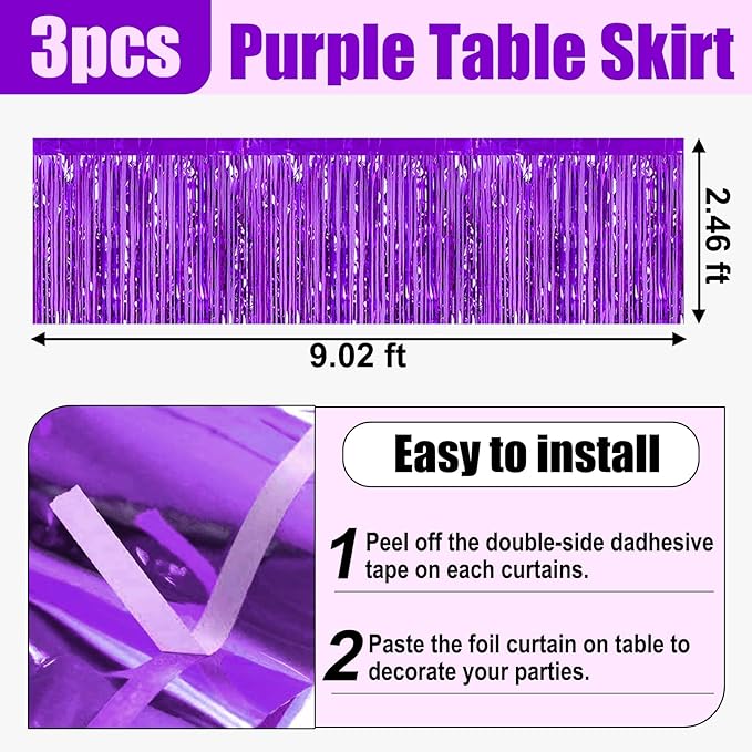 3 Pack 29x108 Inch Purple Foil Fringe Table Skirts Metallic Banner for Tinsel Streamer Garland Backdrop for Parade Floats Wedding Thanksgiving Birthday Christmas Halloween Party Decoration
