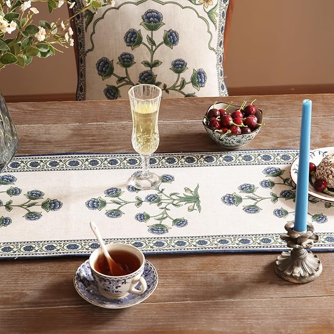 patdrea Designer Blue Rustic Elegant Floral Patterned Linen Table Runner 102 Inch Long,Wrinkle Resistant Table Mat,Decoration for Kitchen Dining and Coffee Tables Banquet Christmas ,12"x102"
