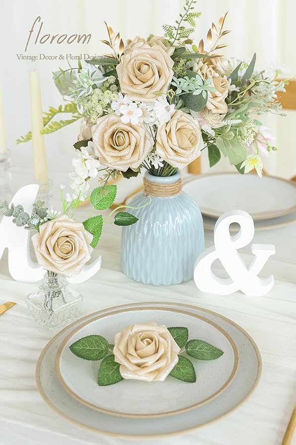 Floroom Artificial Flowers 25pcs Real Looking Champagne Gold Foam Fake Roses with Stems for DIY Wedding Bouquets Bridal Shower Centerpieces Floral Arrangements Party Tables Home Decorations