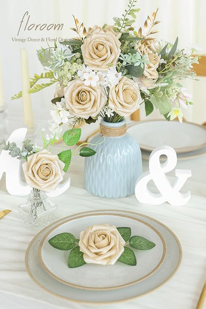 Floroom Artificial Flowers 25pcs Real Looking Champagne Gold Foam Fake Roses with Stems for DIY Wedding Bouquets Bridal Shower Centerpieces Floral Arrangements Party Tables Home Decorations