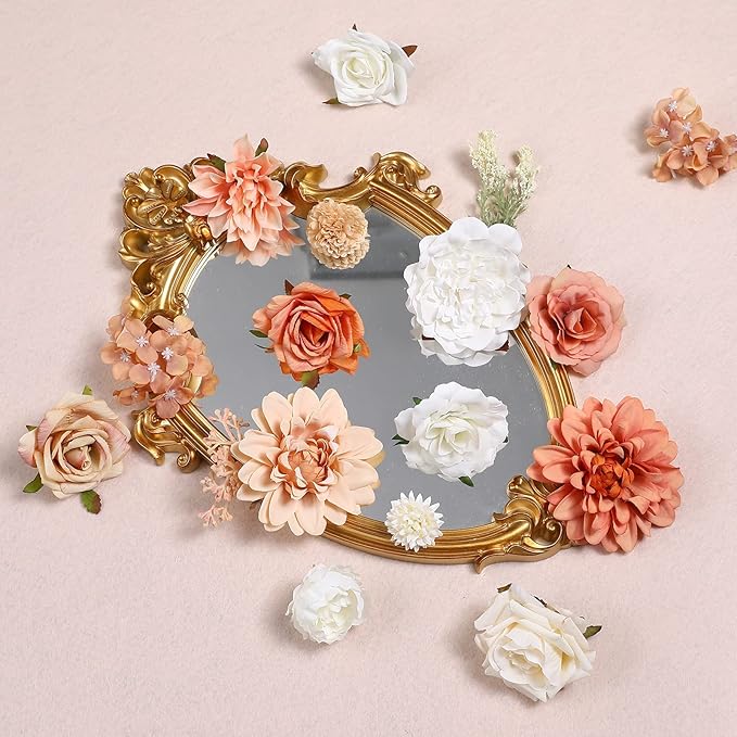 Serra Flora Artificial Flowers Combo Dahlia 34pcs Silk Mix Fake Flowers Roses for DIY Wedding Bouquets Combo Centerpieces Arrangements Party Bridal Baby Shower Home Decorations(White Pink)