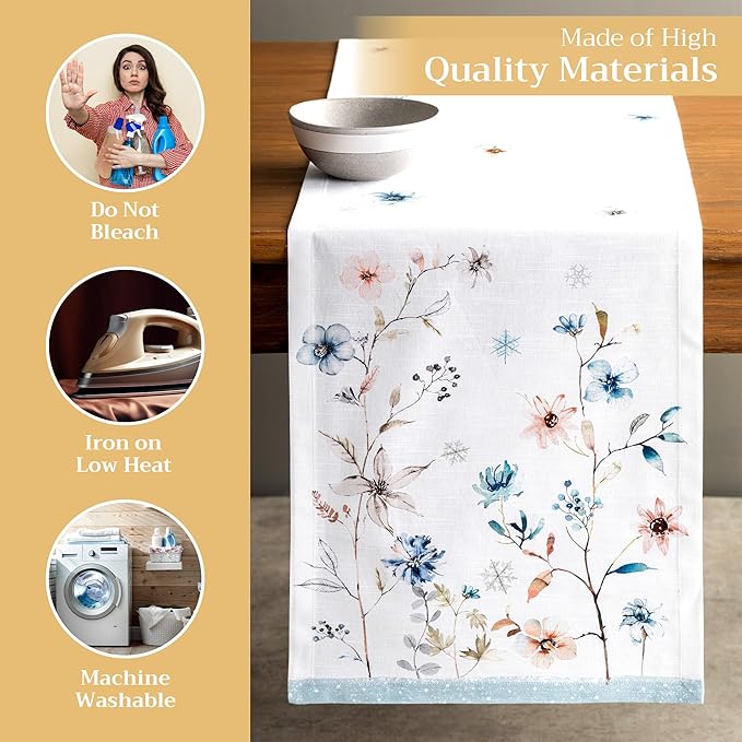 Maison d' Hermine Table Runner 100% Cotton Single Layer Table Runners 108 inches Long for Thanksgiving Christmas Decorations Home Kitchen Dining Party Wedding (Ice Florals, 14.5" x 108")