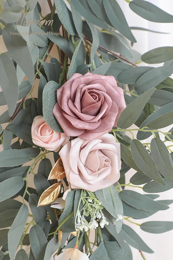 Floroom 6ft Artificial Eucalyptus Garland with Flowers Fake Greenery Faux Floral Vine Garland for Table Decor Wedding Centerpieces Bridal Shower Party Decorations, Garden Dusty Rose