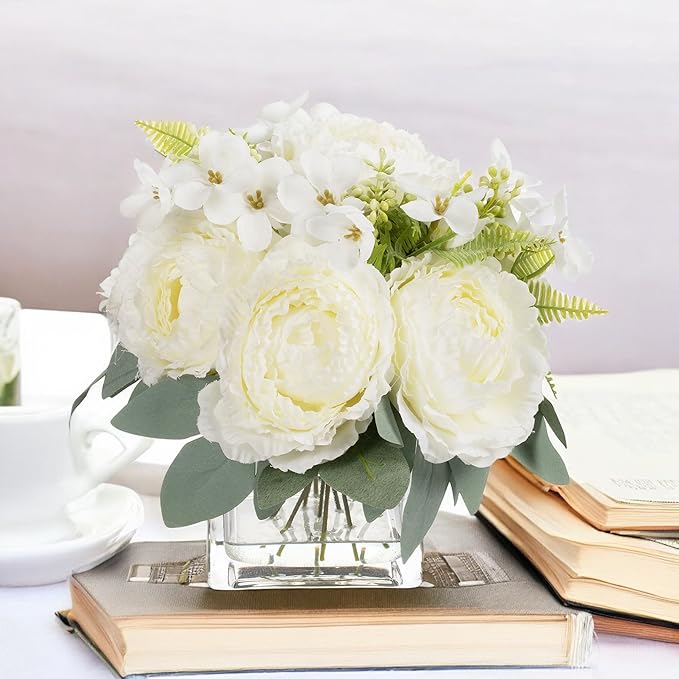 ENOVA FLORAL Artificial Flower Arrangement with Vase,Mixed Artificial Silk Peony Flower in Vase for Decoration Home Office, Wedding Centerpiece (Cream02)