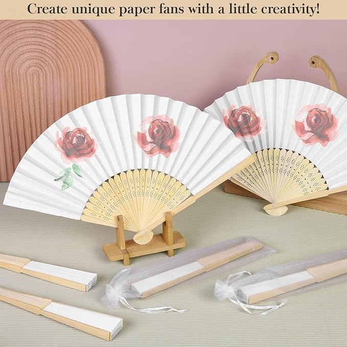 MCEAST 120 Pieces Wedding Handheld Paper Fans White Bamboo Folding Paper Fan with 120 Organza Bags Foldable Cool Wedding Favors Wedding Fans for Guests Party Favors DIY Decoration