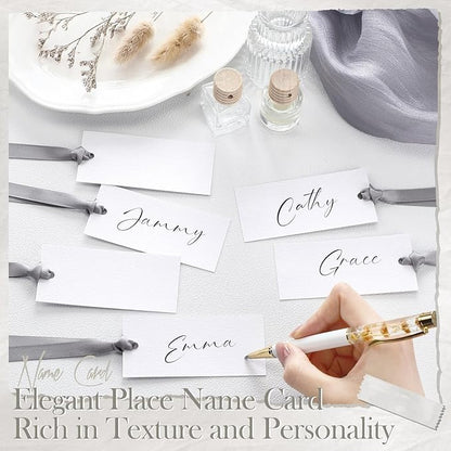 50 Pcs Name Place Cards for Table Setting Blank Wedding Place Cards with Satin Ribbon 1.57 x 3.54 Inch Hanging Gift Tags for Wedding Dinner Banquet Party Table Setting Supplies (Silver)