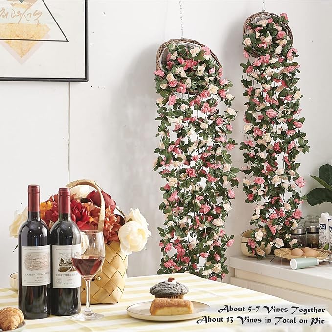 8 Pcs x 8.2 ft Flower Garland Artificial Rose Vine Flowers with Green Leaves Hanging Fake Roses Vine for Room Party Home Wedding Birthday Christmas Wall Arch Decor, Spring Pink Flower