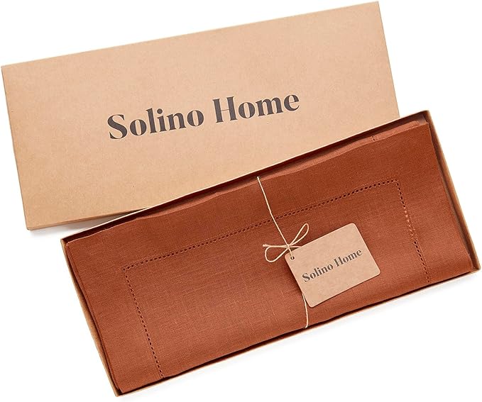 Solino Home Linen Cinnamon Table Runner 156 Inches Long - 100% Pure Linen Extra Long Table Runner 14 x 156 Inch - Classic Hemstitch - Fall, Autumn, Halloween, Thanksgiving