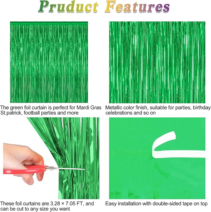 4 Pack Green Streamers, 3.28 FT x 7.05 FT Birthday Tinsel Backdrop, Metallic Green Foil Fringe Curtains Photo Booth Backdrop, Green Jungle Theme Decorations Birthday Decor