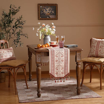 ISAENNE Designer Vintage Linen Table Runner 102 Inches Long,Red Floral Pattern Modern Decor Table Runners for Dining Tables,Thanksgiving,Kitchen Tables,Christmas,Banquet,12"*102"-Chamonix A