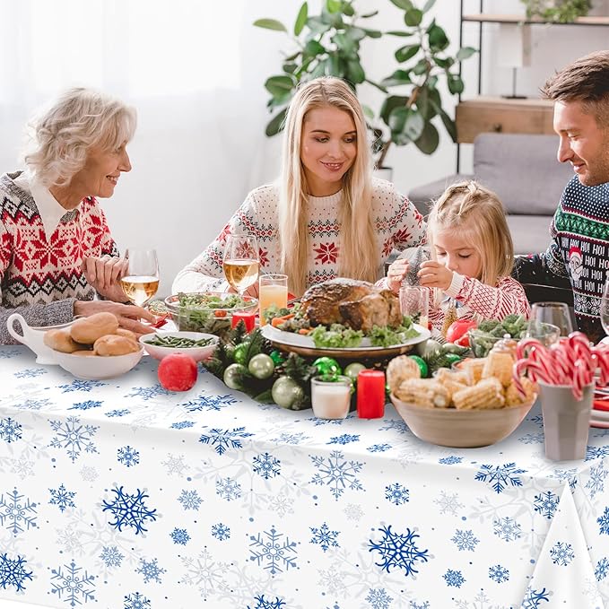 1 Pieces Snowflake Christmas Party Tablecloth Decorations,Plastic White Snowflake White Blue Xmas Backdrop Sign Table Cover Banner for Winter Christmas Holiday Party Supplies,54x108 inch（White/Blue）