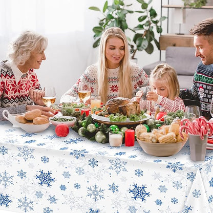 3 Pieces Snowflake Christmas Party Tablecloth Decorations,Plastic White Snowflake White Blue Xmas Backdrop Sign Table Cover Banner for Winter Christmas Holiday Party Supplies,54x108 inch（White/Blue）