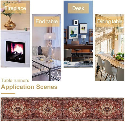 Boho Floral Vintage Table Runner, Paisley Retro Red Flower Rustic Country Farmhouse Abstract Pattern for Home Kitchen Table Decor Dining Coffee Room Party Decor 13x90in