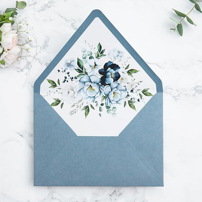 PONATIA 50PCS A7 Euro Flap Envelopes, 5.25 x 7.25'' Dusty Blue Flowers Liner Envelopes for Wedding Invitations, Photos, Postcards, Greeting Cards, Christmas Gift Cards, Acrylic Mailing, 5x7 envelopes