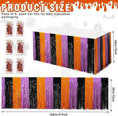 6 Pack 30x108 Inch Halloween Table Skirt Decoration, Metallic Foil Fringe Tinsel Table Skirts, Curtains Backdrop Parade Floats Birthday Halloween Christmas Party Decoration(Black Orange Purple)