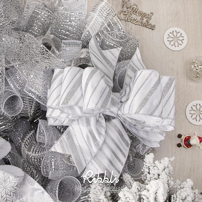 Ribbli 2 Rolls Silver Mesh Ribbon,10 inch x 30 feet(10Yard) Each Roll,Metallic Lt.Silver with Wide Silver Foil,Valentine's Day Ribbon for Wreath Swags and Decorating