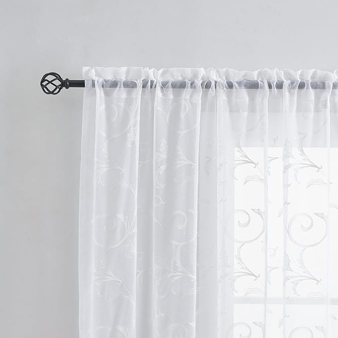 Sheer Curtains White 63 Inch Embroidered Floral, Rod Pocket Voile Drapes for Living room, Bedroom, Vintage Embroidered Semi Crinkle Curtain Panels for Yard, Patio, Villa, Parlor, Set of 2, 52"x 63".