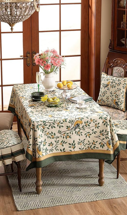 patdrea Designer French Table Cloth for Rectangle Table,Vintage Green Linen Birds and Leaves Pattern Tablecloths,Dacorative Cover Kitchen Dining,Christmas,Thanksgiving,Tea Party,55"x79"-Warbler