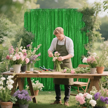 Green Sequin Backdrop Curtain 2 Pieces 2FTx8FT Glitter Photography Backdrop for Party Wedding Birthday Christmas Decorations