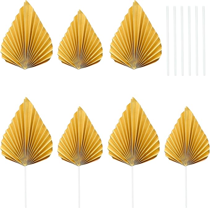 Gyufise 6Pcs Paper Palm Fan Cake Toppers Palm Leaf Fan Cake Topper Palm Spear Leaf Cupcake Toppers Cake Insert Decoration For Cake Decorating Diy Craft Project Home Wedding Party Supplies Gold