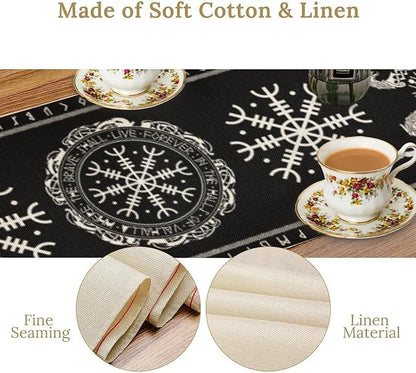 Ancient Abstract Pattern Table Runner, Tree of Life Eagle Dragon Boat Rudder Black and White Table Runner 13x36 Inch