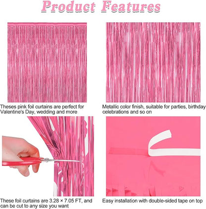 2 Pack Pink Party Decorations, 3.28 FT x 7.05 FT Pink Backdrop, Metallic Tinsel Backdrop Fringe Curtains Backdrop Curtains, Photo Backdrop Party Supplies Birthday Party Decorations