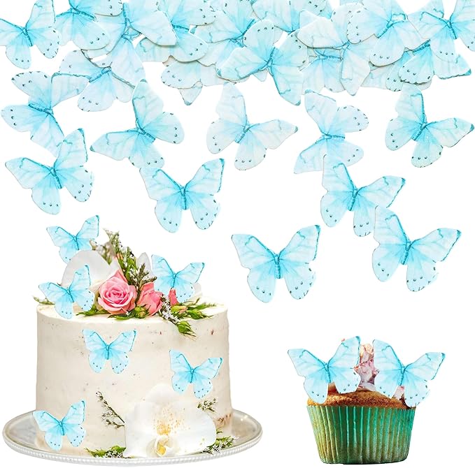 Ephlyn 48Pcs Edible Wafer Paper Butterflies for Cupcake Toppers Picks Edible Butterfly Cake Decorations for Wedding Birthday Party Baby Shower Kids Birthday Party Cake Supplies Light Blue