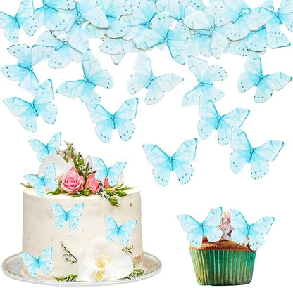 Ephlyn 48Pcs Edible Wafer Paper Butterflies for Cupcake Toppers Picks Edible Butterfly Cake Decorations for Wedding Birthday Party Baby Shower Kids Birthday Party Cake Supplies Light Blue